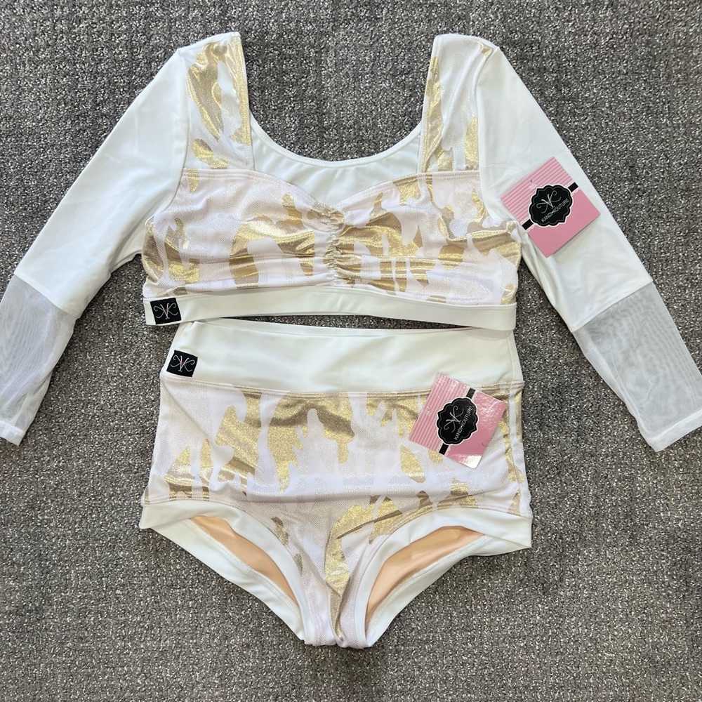 White & Gold Mesh Two-Piece Dance Crop Top and High-Waist Briefs